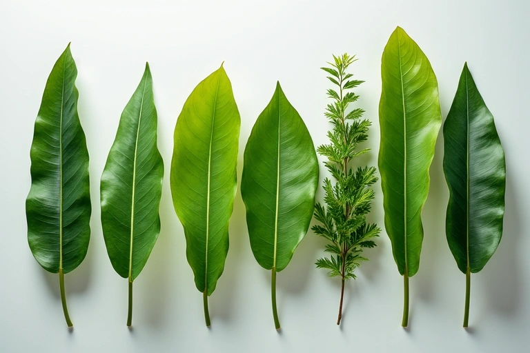 Frunze de plante adaptogene aranjate artistic, simbolizând gestionarea stresului.
